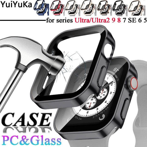 YuiYuKa Tempered glass Plating PC Case for apple Watch Ultra 2-Ultra 49mm 9 8 7 40mm 41mm 44mm 45mm for iWatch 4 5 SE 6 film with PC Screen Protector