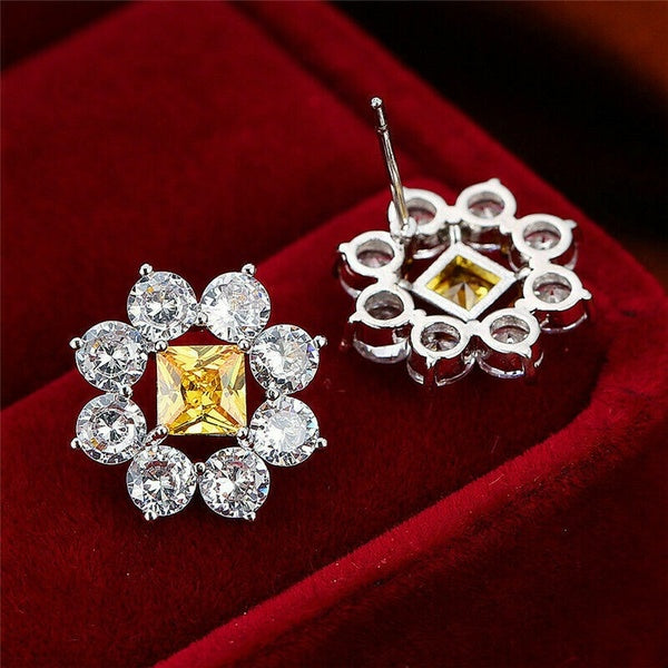 Delicate Silver Plated Stud Earrings Princess Cut Natural Birthstone Lab Diamond Blossom Shaped Earrings for Women Charming Party Banquet Hollow Earr