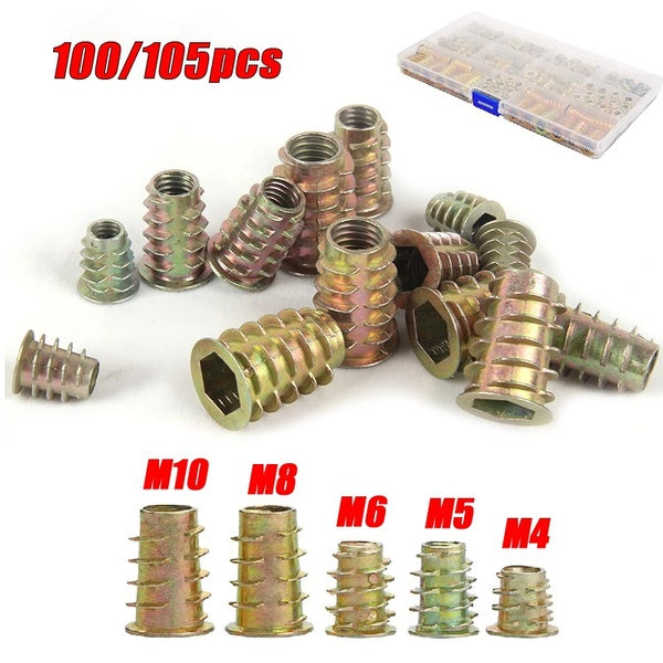 100-105PCS M4 M5 M6 M8 M10 Zinc Alloy Thread For Wood Insert Nut Flanged Hex Drive Head Furniture Nuts