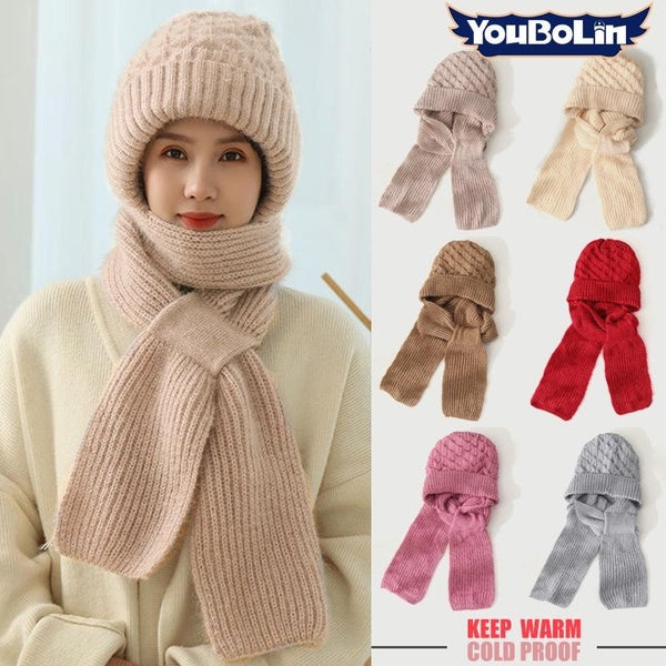Winter Womens Hat Scarf One Knitted Hat Double Layer Of Warm Padded Thickened Wool Knitting Net Red Explosion Models Wind and Snow Beanies Hats