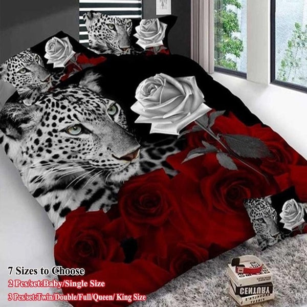 2-3PCS Duvet Cover Set New Design 3D Bedding Set Leopard with Rose Printed Bedding Set Pillowcase Baby-Single-Twin-Double-Full-Queen-King Size(No Fil