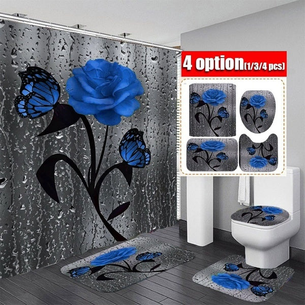 4-3-1Pcs Bathroom Set Blue Rose Waterproof Shower Curtain Non Slip Bathroom Rugs Pedestal Rugs Toilet Lid Cover Floor Mat Bath Mat