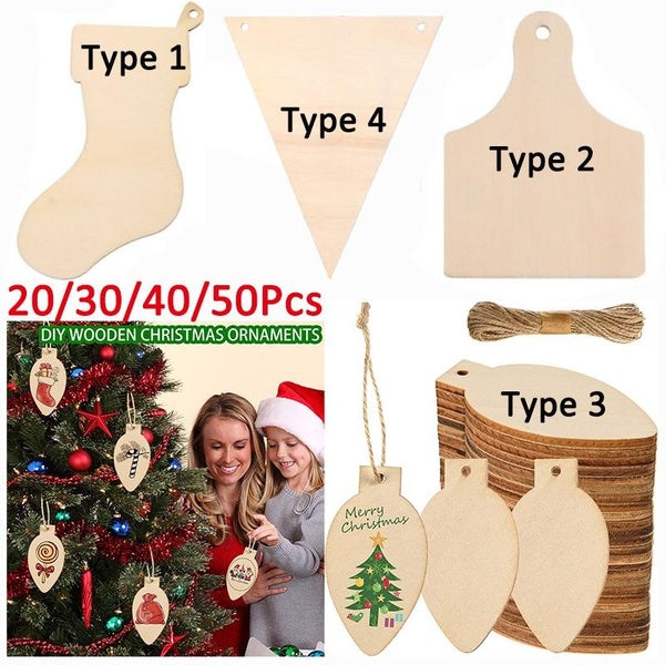20-30-40-50Pcs Wooden Christmas Ornaments Unfinished Wooden Circles with Holes 4 Shapes Wood Discs Slices Blank Wood Christmas Gift Tags with Twine f