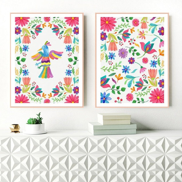 Mexican Art Print Otomi Poster Mexican Embroidery Wall Art Canvas Painting Colorful Pattern Mexican Folk Art Picture Home Room Decor