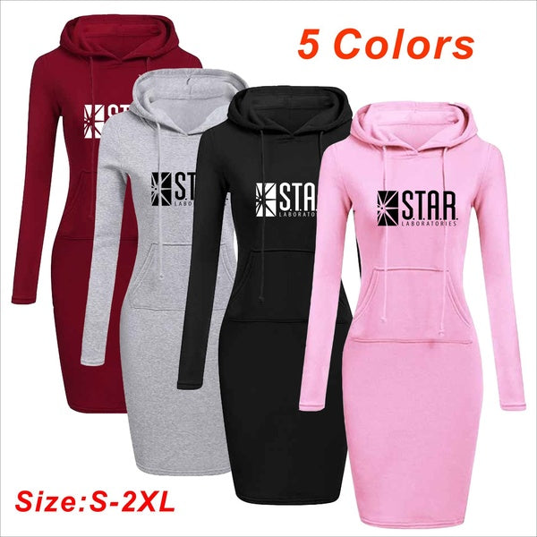 New Fashion Women Long Hoodie Dress STAR Printed Hoodie Casual Hooded Jumper Pockets Sweater Tops Pencil Skirt S-2XL