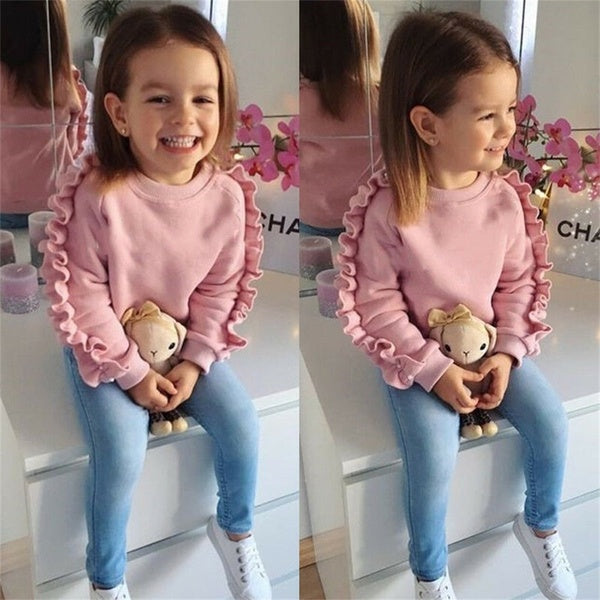 Toddler Kids Baby Girls Ruffle Tops Sweatshirt Denim Pants Autumn Winter Outfits 2PCS Clothes Set 1-6Y