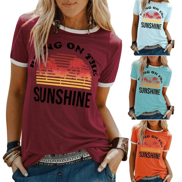 Bring on the Sunshine T-shirt Summer Casual Short Sleeve Letter Print Short T-shirt Women's Fashion Candy-colored Top
