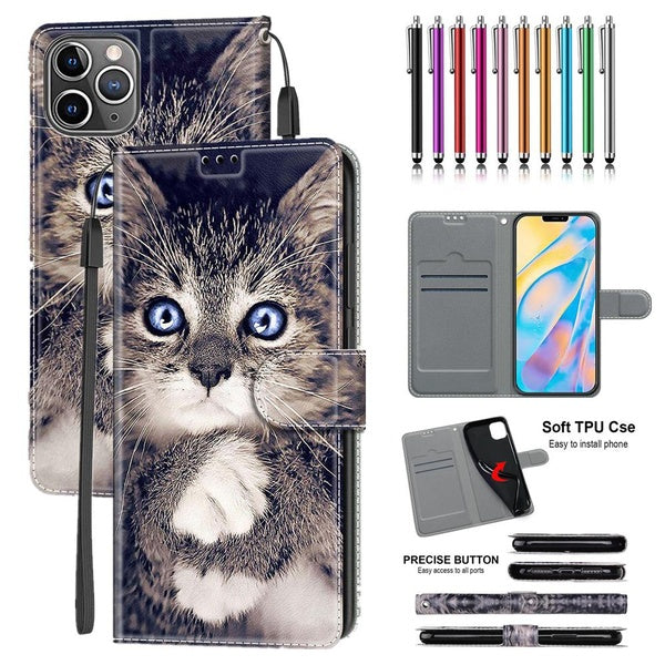 Motif de patte de chat blanc Housse en cuir PU style portefeuille avec porte-cartes Protection étui pour téléphone portable avec stylet pour iPhone 1