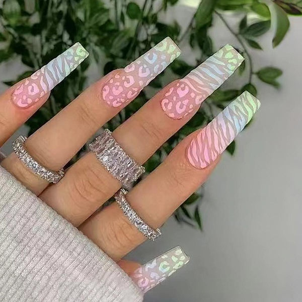Gradient Stripes Full Cover Nails Long Cartoon Graffiti Press On Nails Sunflower Love Heart False Nails Cute Little Panda Fake Nails With Glue for Gi