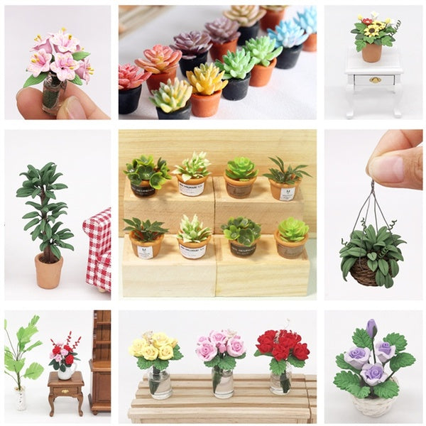 Dollhouse Accessories Miniatures Mini Succulent Rose Flower Vase Potted Plant Resin Toy