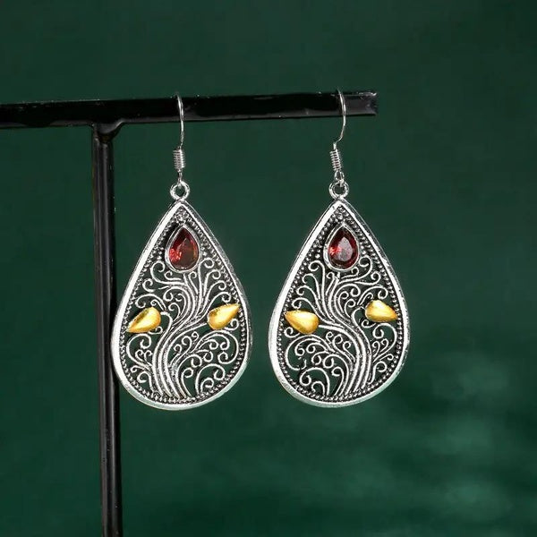 Boucles d'oreilles pendantes à crochet vintage Goutte d'eau en métal Artisan Sculpté Boucles d'oreilles Arbre de vie creux Incrustation avec crochet