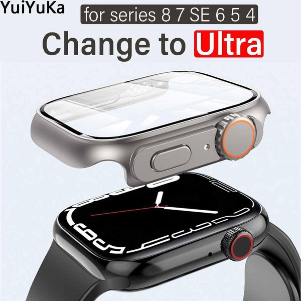YuiYuKa Pc Case Tempered Glass for Apple Watch 8 7 45mm 41mm 40mm 44mm Screen Protector PC Cover Accessories Upgrade To - Change To Apple Watch Ultra