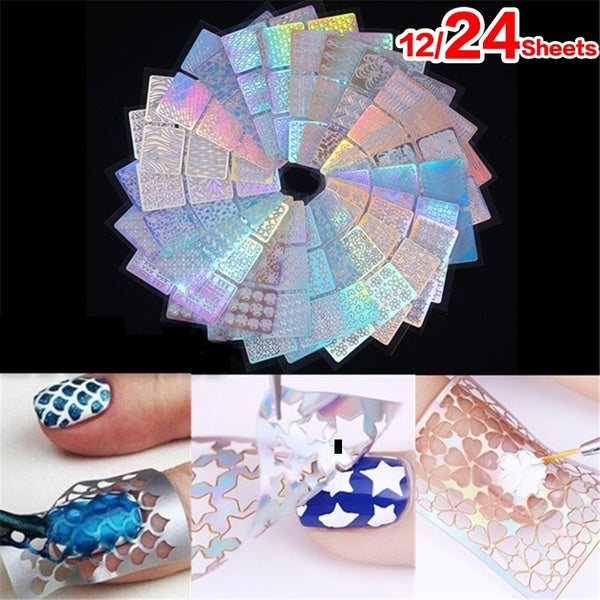 12-24 Sheets Hollow Laser Sticker Stencil Set Gel Polish Nail Vinyl Tip Transfer Guide Template Nail Decals Kit Nail Art