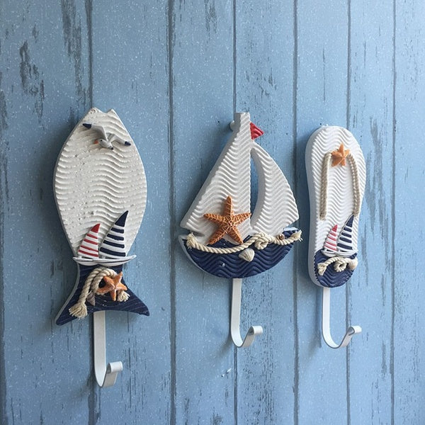 Méditerranéen Nautique Décor Chapeau Vêtements Crochet Mer Pantoufles Voile Poisson Mur Crochet Porte-clés Bain Sac À Main Vêtements Manteau Plage Se
