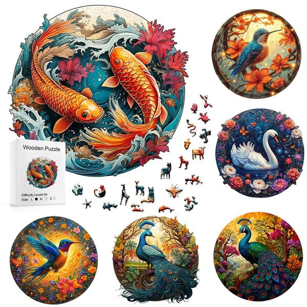 Puzzle en bois - Coffret cadeau Paon coloré - Beau cadeau - Puzzle de forme irrégulière de fleurs et d'oiseaux - Puzzles