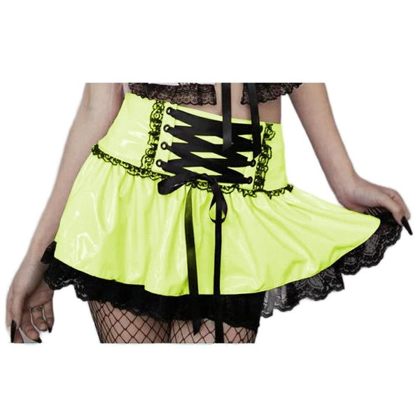 Girls Preppy Shiny PVC Mini Skirt Gothic Punk Lace-up Skirts Wetlook Glossy Leather Short A-line Skirt Nightclub Party Miniskirt
