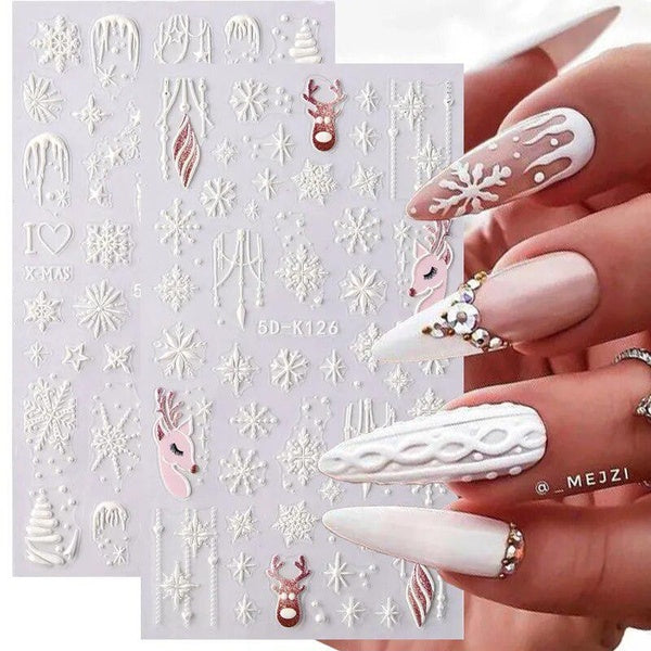 5D Winter Christmas Nail Art Decoration Sticker Embossed Charms Snowflakes French Nail Design Gel Polish Manicure Decals