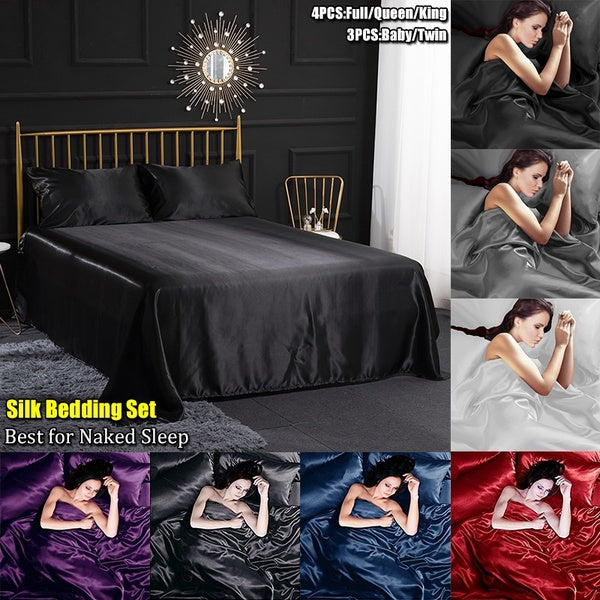 Luxury Satin Silk Damask Bed Sheet Set Solid Bedding Set 3-4PCS Romantic Flat Sheet Fitted Sheet Pillowcase Bedroom Decor Baby Twin Full Queen King S