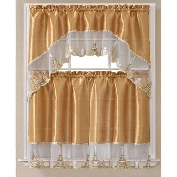 Paris Embroidered Kitchen Curtain Set, Gold, Swag 60x36, 30x36 Inches