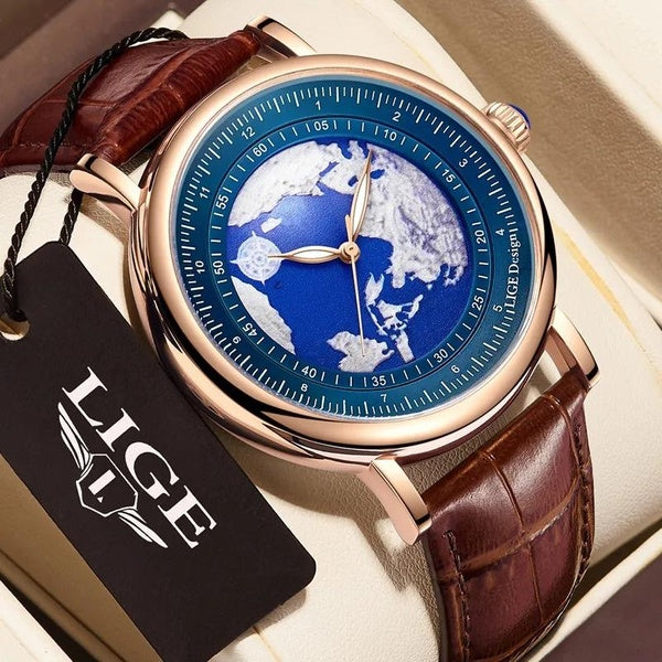 2023 LIGE Mens Montres Mode Blue Planet Creative Earth Quartz Montre-Bracelet En Cuir Sport Montre pour Hommes Horloge Relogio Masculino + Box
