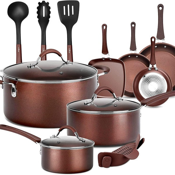 NutriChef Nonstick Cooking Kitchen Cookware Pots and Pans, 14 Piece Set, AGold
