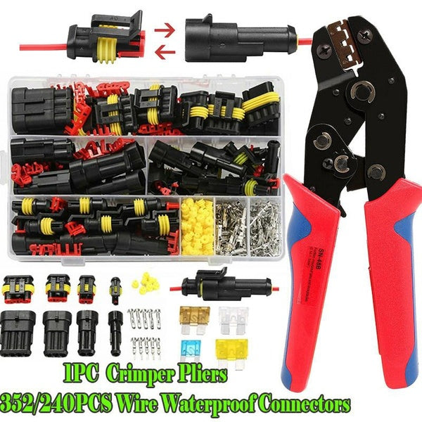 352-240PCS Car Auto Sealed Waterproof Electrical Terminal Wire Connector Plug Kit 1PC Self-Adjusting Ratcheting Crimper Set