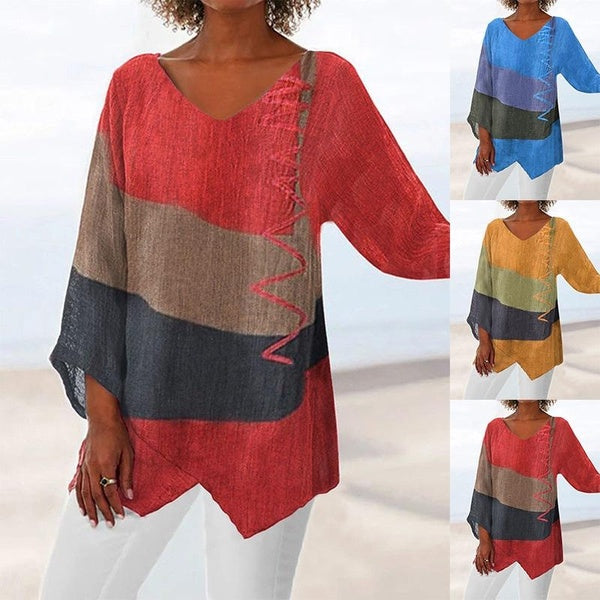 Women's Fashion Casual Shirts V-neck Multicolor Long Sleeve Comfortable Irregular Printed Blouses Loose Tops Plus Size S-5XL
