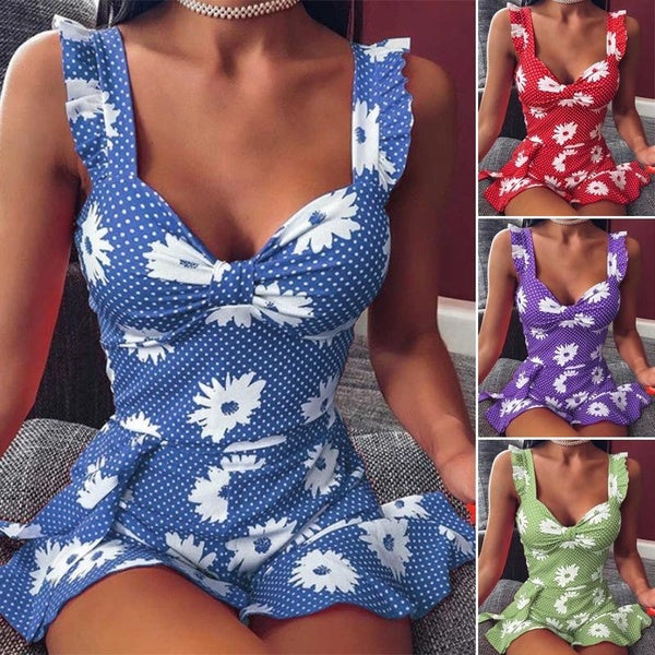 Women's Summer Deep V Neck Sling Skirts Fashion Casual Floral Print Sling Dress Beach Skirts