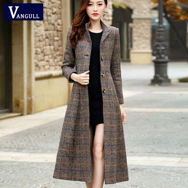 VANGULL Brand Woolen Coat Women High Quality Classic Long Wool Coats Wool Jackets Trench Winter Outerwear Plaid Woman Coats