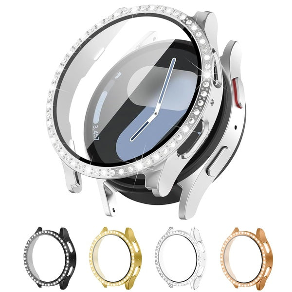 Glass+Diamond Case for Samsung Galaxy Watch 7 44mm 40mm Accessories Screen Protector Hard PC All-around Bumper Galaxy Watch 7 40mm Cover (1 pc case）