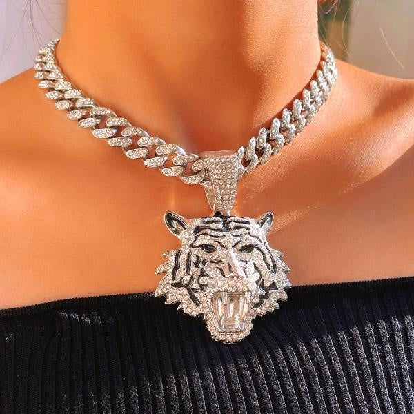 Punk Hip Hop Iced Out Crystal Tiger Pendant Necklace Chunky Miami Cuban Link Chain Necklace Zircon Choker for Women Men Jewelry