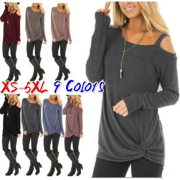 Autumn Womens Casual Loose Long Sleeved T-shirts Cold Shoulder Blouses Tunic Tops Plus Size XS-5XL