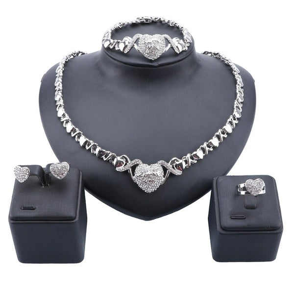 Women Chain Choker Statement Crystal Heart Love You Pendant Necklace Earring Bracelet Ring Bridal Costume Jewelry Set