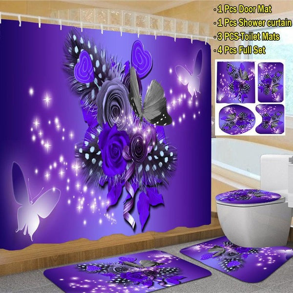 3D Purple Rose Flower Butterfly Shower Curtain Set Waterproof Shower Curtain Toilet Cover Bath Mat Set Bathroom Shower Curtain with 12 Hooks(1-3-4pcs