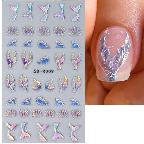 1PC Laser Glitter Mermaid Tail 5D Nail Stickers Summer Dreamy Ocean Theme Shell Pearl Wave Adhesive Decals Manicure Decor LA5D-R