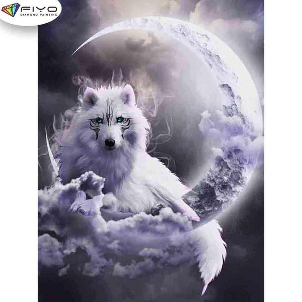 FIYO Wolf on the Moon Diamond Painting Kits For Adults DIY 5D Diamond Mosaic Diamond Painting Home and Kitchen Fashion Canvas Pictures Wall Decoratio