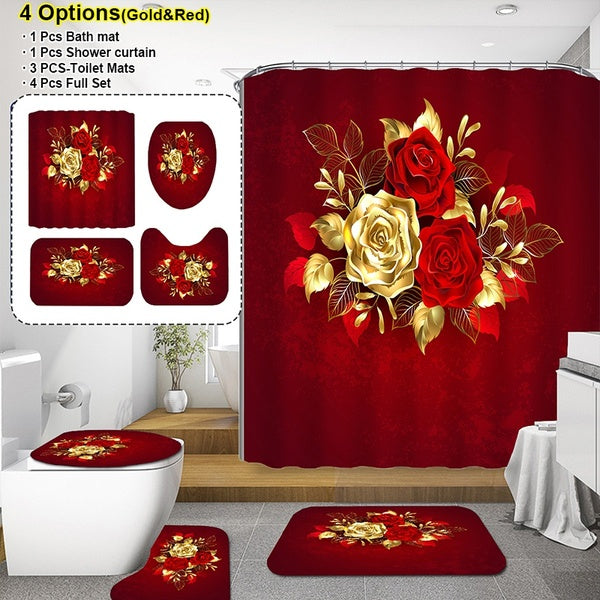 3D Gold & Red Rose Flower Bathroom Shower Curtain Set Decro Waterproof Shower Curtain+ Non Slip Bathroom Pedestal Rug + Toilet Lid Cover + Floor Mat Ba