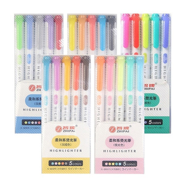 5 couleurs-boîte stylo surligneur Double tête marqueurs fluorescents doublure douce surligneurs stylos Art marqueur papeterie japonaise