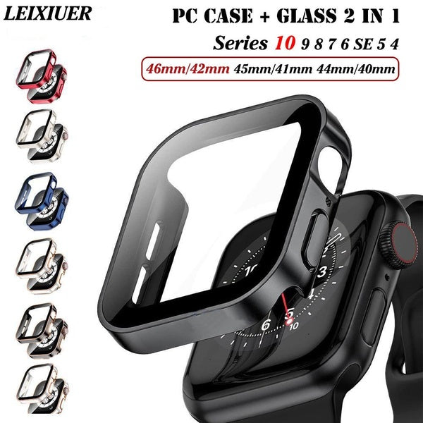 LEIXIUER Waterproof PC Plating Case with Screen Protector for iWatch 46mm 42mm 45mm 41mm 44mm 40mm Tempered Glass Film with Protective Bumper Cover f