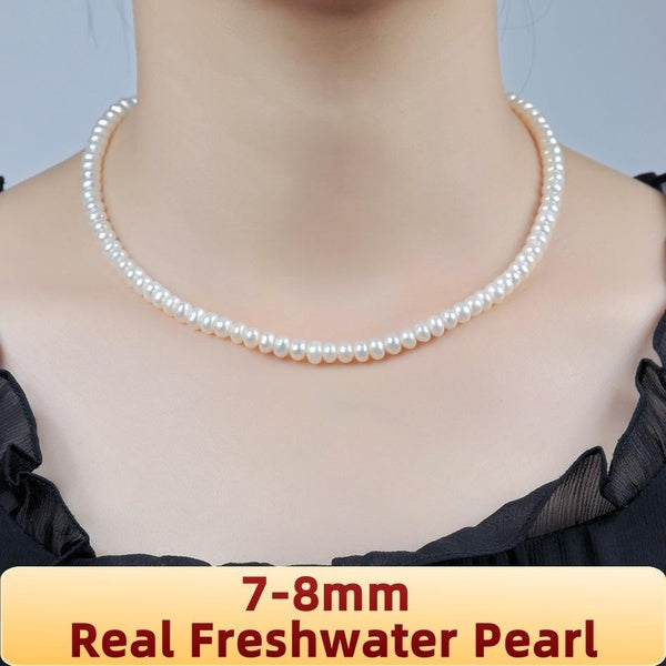 Classic 7-8MM White Natural Freshwater Cultured Pearl Choker Necklace for Women Fine Jewelry FEIGE