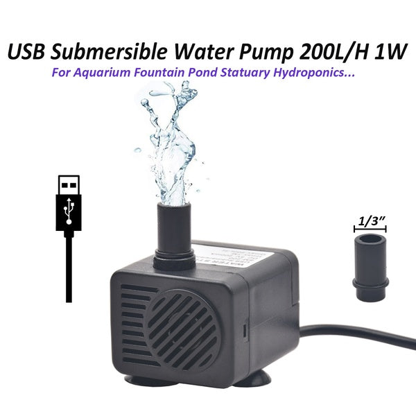 53GPH Mini USB Pump(200L-H, 5V 200mA 1W) Submersible Water Pump with 150cm Power Cord,1 Nozzles for Aquarium Fish Tank Fountain Garden House Water Hy