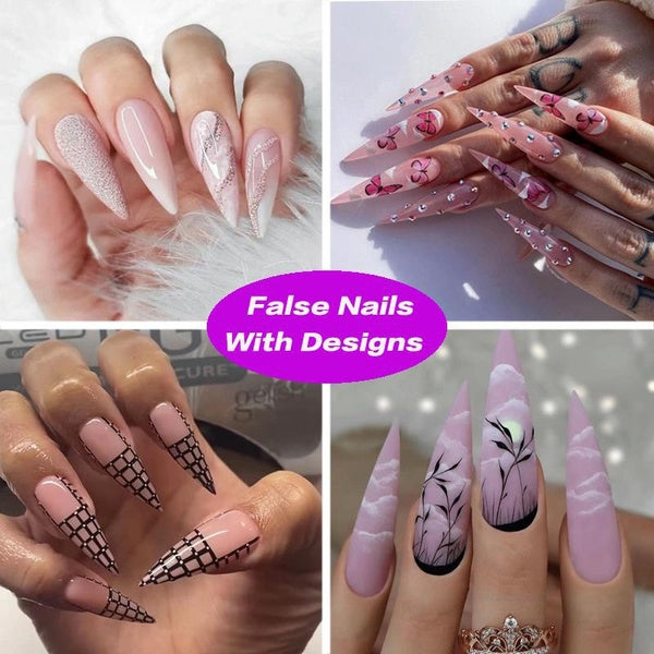 24pcs-box Detachable False Nails with Butterfly Drill Designs Checkerboard Press on Nails Ballerina Gradual Purple Flowers Wearable Fake Nail Tips fo