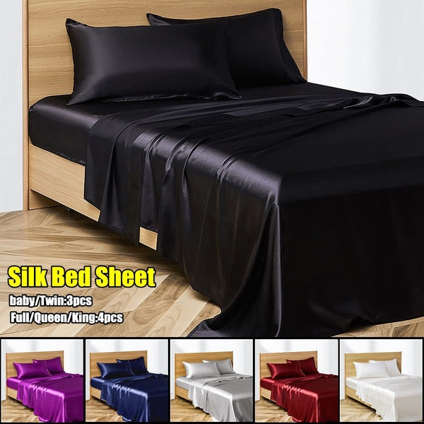 Satin Bed Sheets 3-4 Pieces Silky Sheets Microfiber Black Bed Sheet Set with 1 Deep Pocket Fitted Sheet, 1 Flat Sheet and 1 or 2 Pillowcase Smooth an