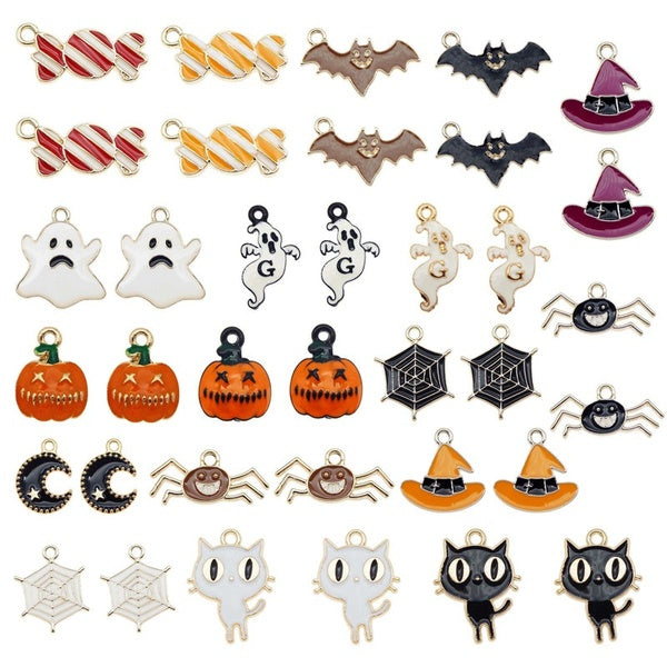 36PCS Enamel Halloween Charms Mixed Candy Ghost Pumpkin Bat Spider Cat Hat Alloy Pendant Jewelry Making Accessory
