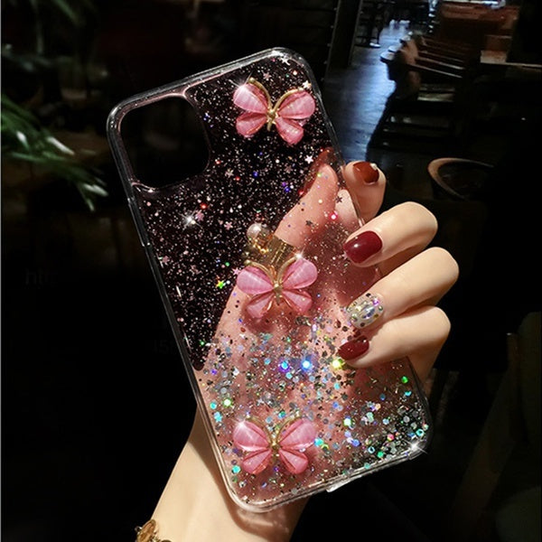 Mode Mignon 3D Stéréo Papillon Motif Bling Glitter Couverture Pour iPhone 12 Pro Max 11 Pro X XR XS Max 6 6S 7 8 Plus Couverture Pour Samsung Galaxy