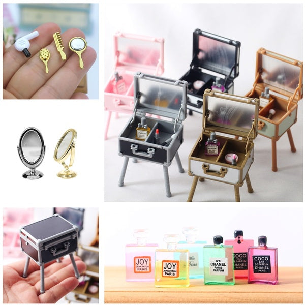 Dollhouse Mini Cosmetic Case-Hair Dryer-Combs Mini Mirror-Perfume 1:12 Scale Miniatures Collection Kids Toy