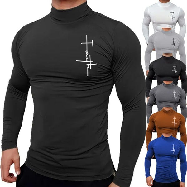 Spring Autumn Winter Mens High Collar Long Sleeve T Shirt, Men's Fitness Workout Shirt Gym Training Tops Muscle Tees, Faith Graphic Tee 7 Colors