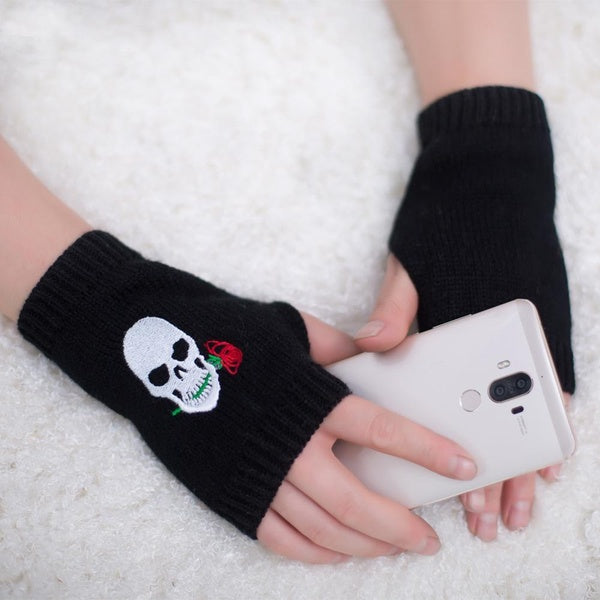 Women Winter Warm Knitting Fingerless Gloves Skull Half Finger Gloves