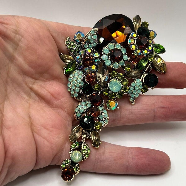 BROCHE drapée en grappe de fleurs, bijoux fantaisie articulés, marron, vert, Opaque