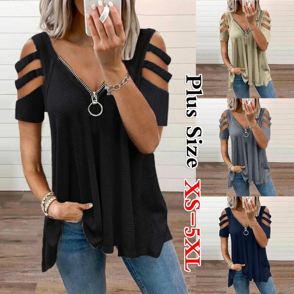 Été décontracté à épaules dénudées à manches courtes pour femmes Blouses à fermeture à glissière à col en V profond, plus la taille XS-5XL